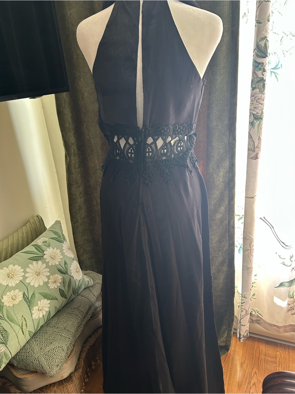 Black Halter Lace-Waist Evening Dress